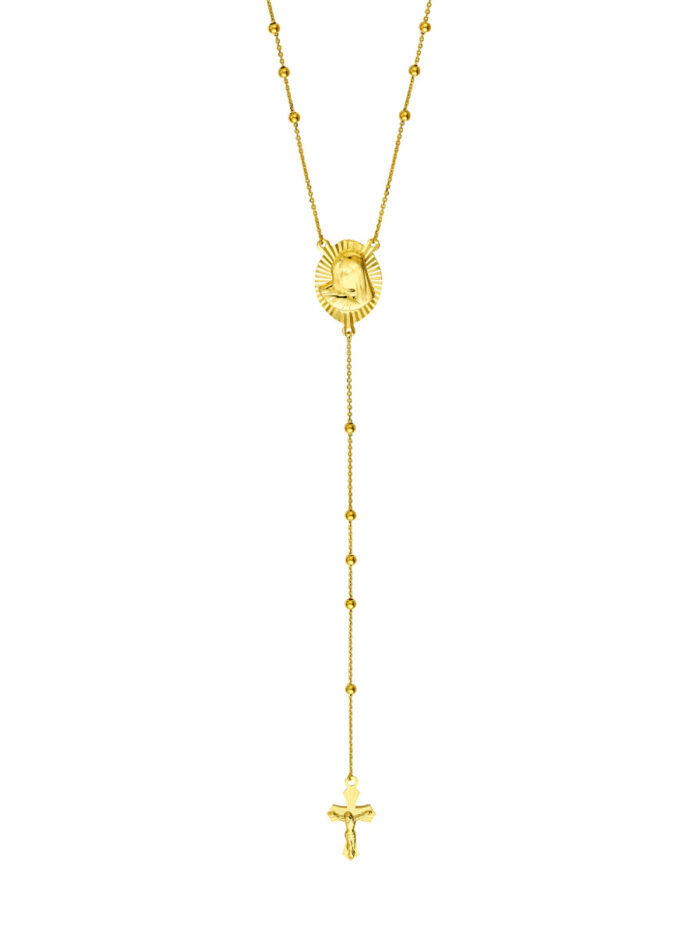 14K Yellow Gold Virgin Mary and Cross Rosary Necklace - 23.5 Inches - by Dazyle
