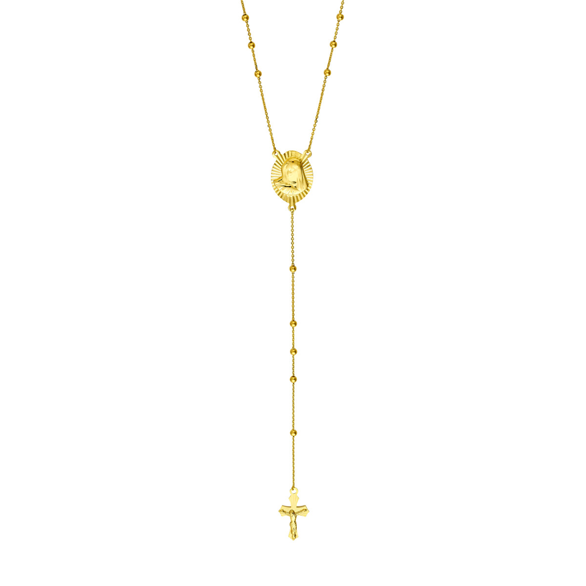 14K Yellow Gold Virgin Mary and Cross Rosary Necklace - 23.5 Inches - by Dazyle