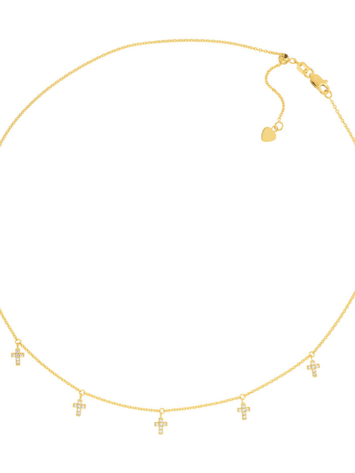 CZ Cross Dangle Adjustable Choker - 14K Yellow Gold - 16 Inches - by Dazyle
