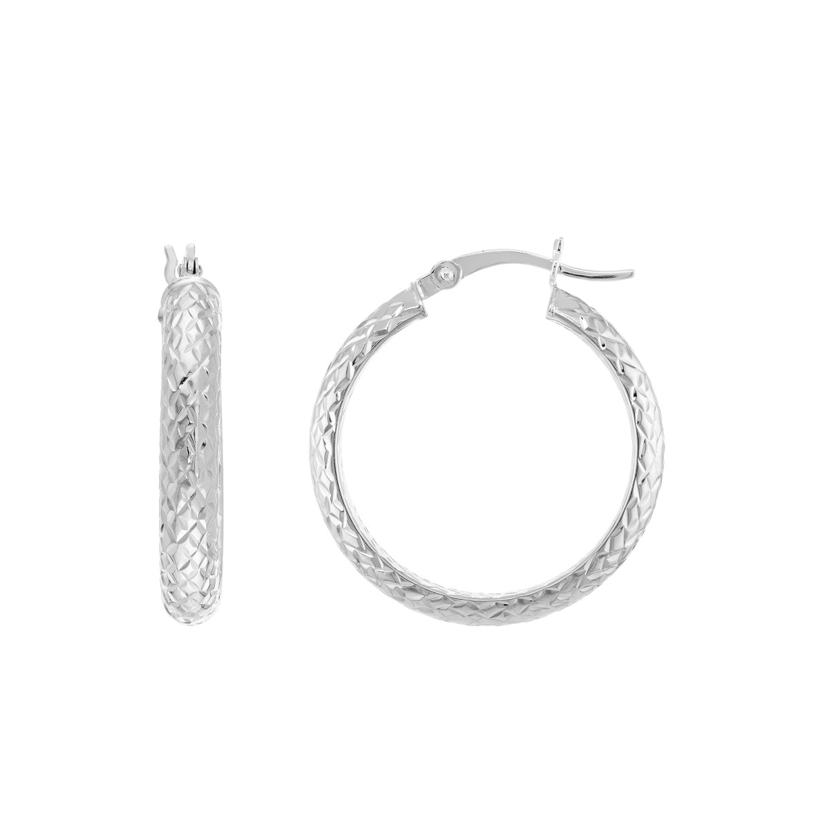 Diamond-Cut Hoop Earrings - 14K White Gold - 25mm x 4mm - by Dazyle