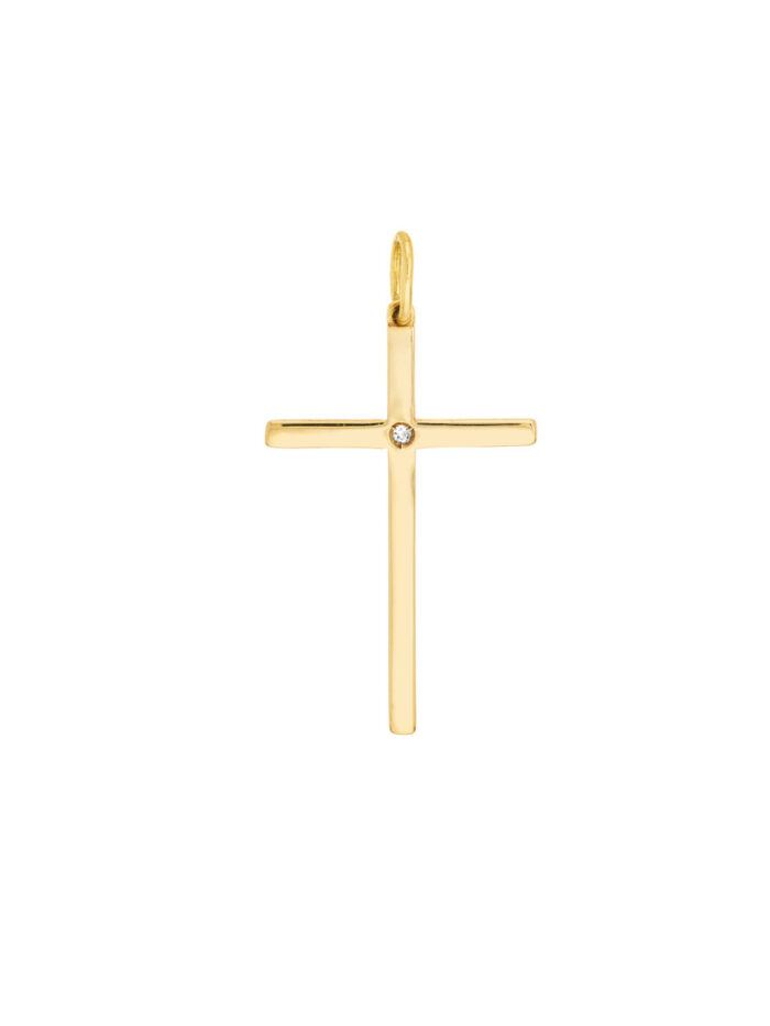 Cross Pendant with 1pt Diamond - 14K Yellow Gold - by Dazyle