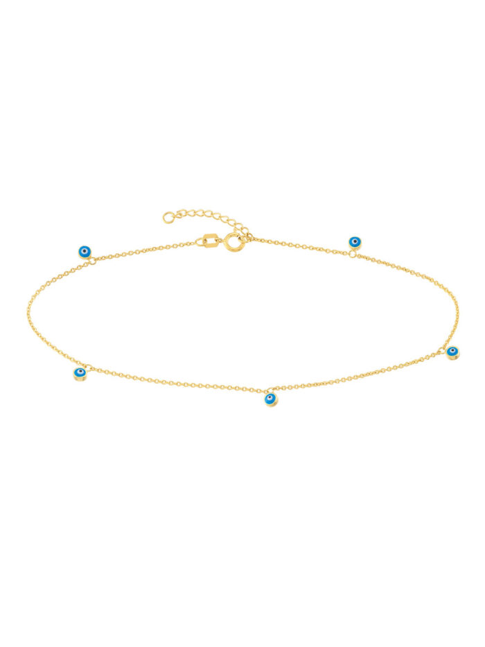 14K Yellow Gold Blue Turquoise Evil Eye Dangle Adjustable Anklet - 14K Yellow Gold - 10 Inches - by Dazyle