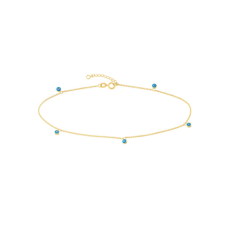 14K Yellow Gold Blue Turquoise Evil Eye Dangle Adjustable Anklet - 14K Yellow Gold - 10 Inches - by Dazyle