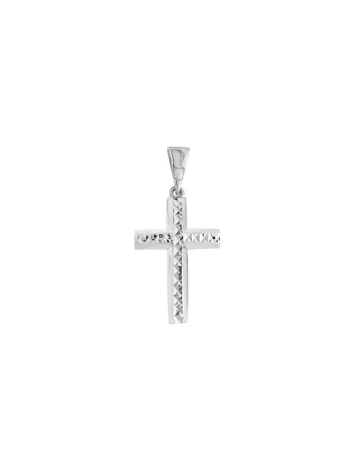 3D Diamond Cut Top Cross Pendant 14K White Gold Bail Closure - by Dazyle