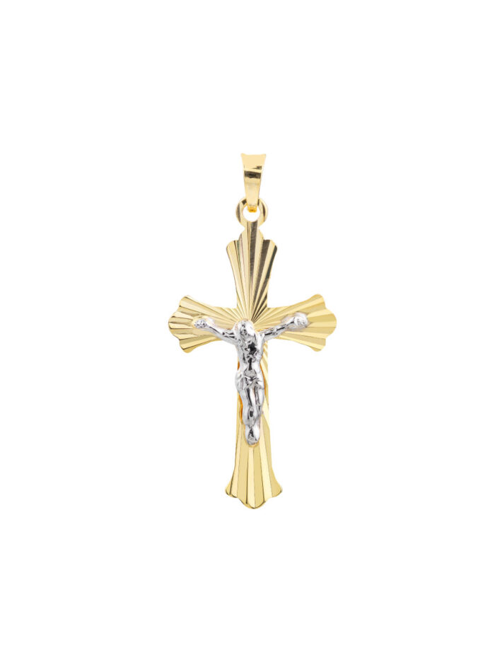 Two-Tone Fluted Crucifix Pendant - 14K Yellow & White Gold - by Dazyle