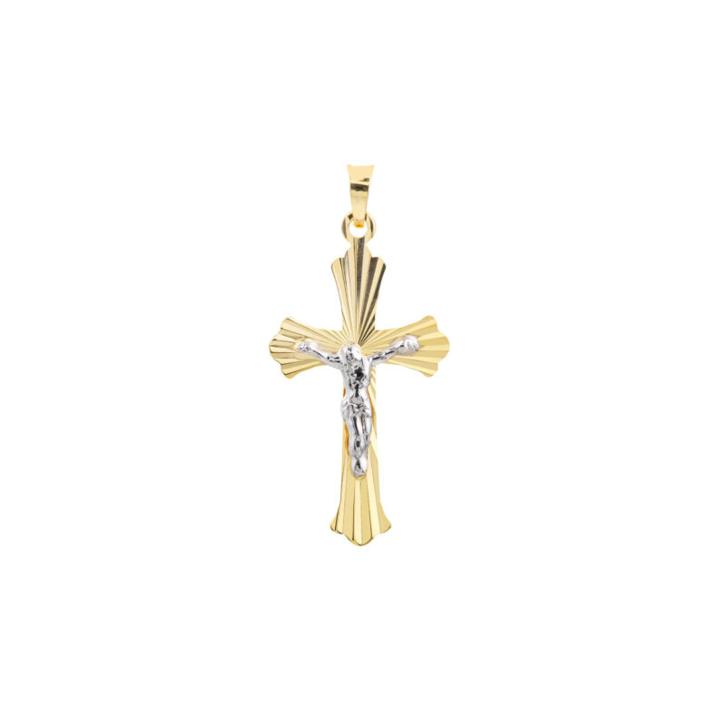 Two-Tone Fluted Crucifix Pendant - 14K Yellow & White Gold - by Dazyle