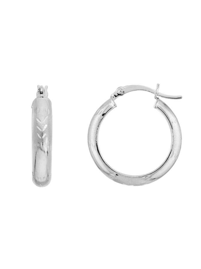 Half Round Diamond-Cut Florentine Hoop Earrings - 4x20mm - 14K White Gold - by Dazyle