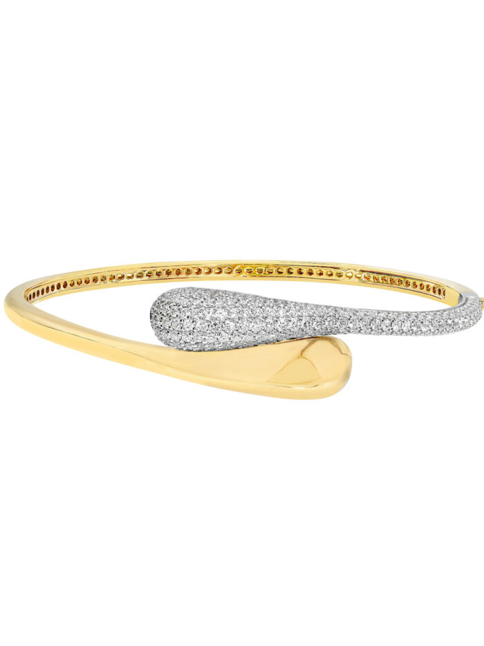 Diamond Pave Teardrop Bypass Bangle - 14K Yellow & White Gold 1-7/8tcw Diamond - by Dazyle