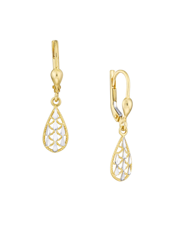 Two-Tone Filigree Teardrop Dangle Earrings - 14K Yellow & White Gold - by Dazyle