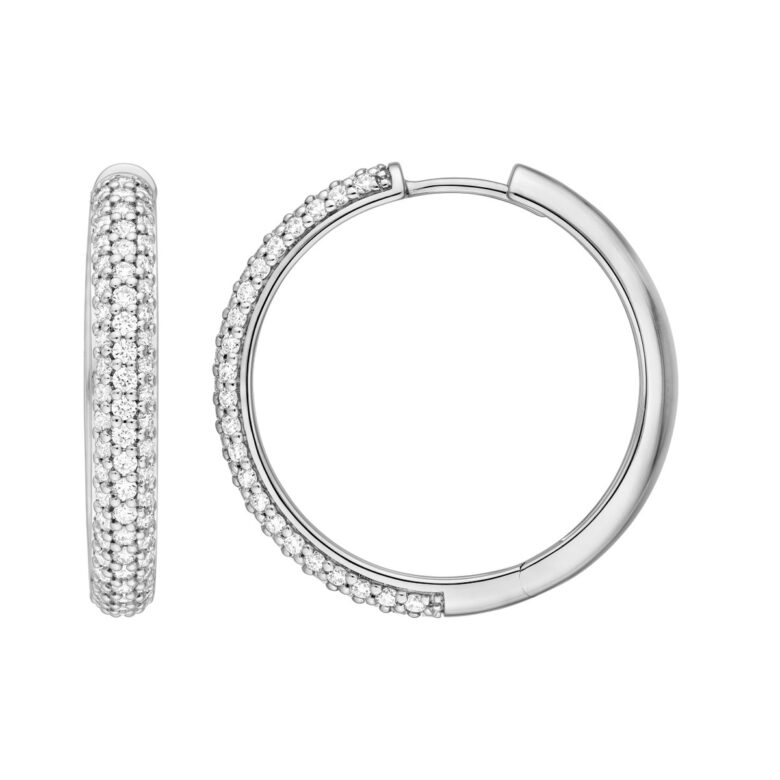 1-1/3tcw Diamond Pave Hoop Earrings 3 Rows Sparkling Diamonds - 14K White Gold - by Dazyle