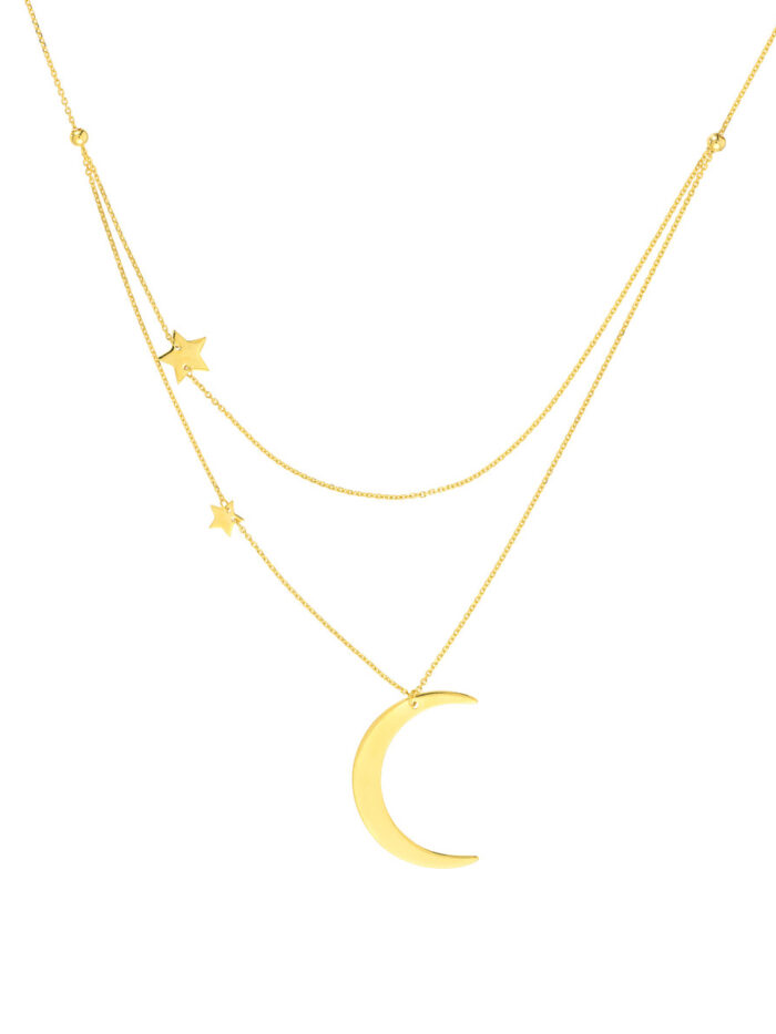 Crescent Moon and Star Stations Necklace - 14K Yellow Gold, Adjustable - by Dazyle