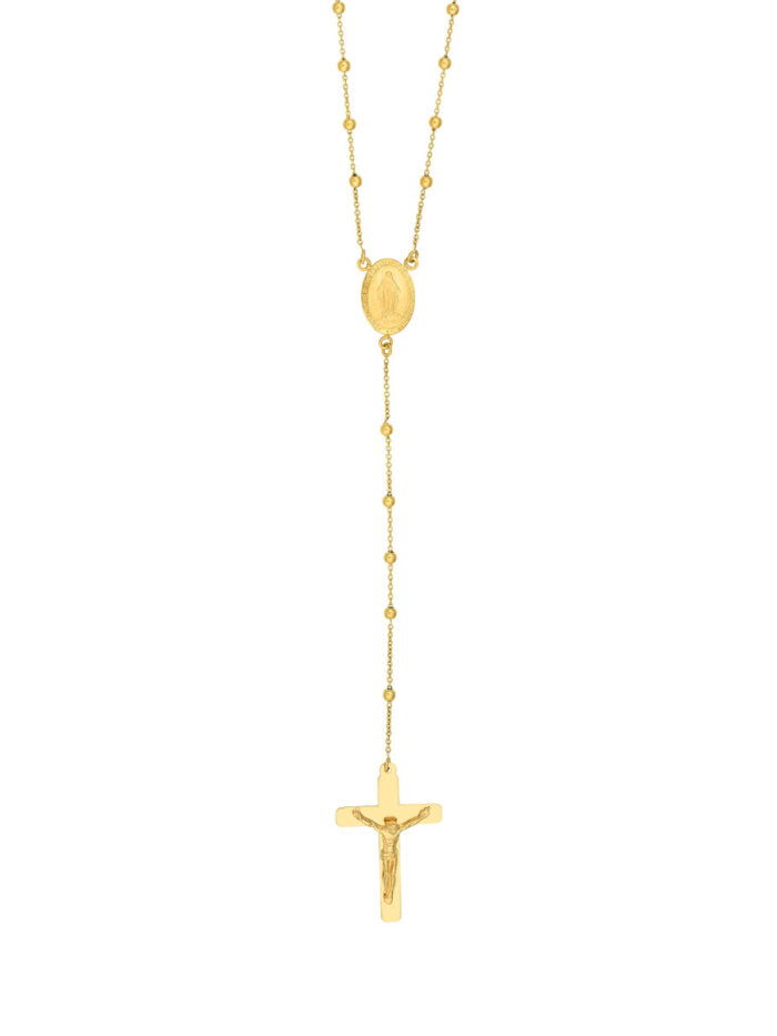 Traditional Rosary Necklace with Crucifix - 14K Yellow Gold - 23.25 Inches - by Dazyle