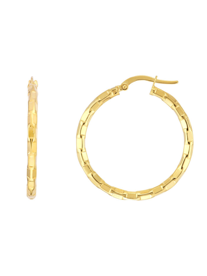 Brick Hoop Earrings - 14K Yellow Gold - by Dazyle