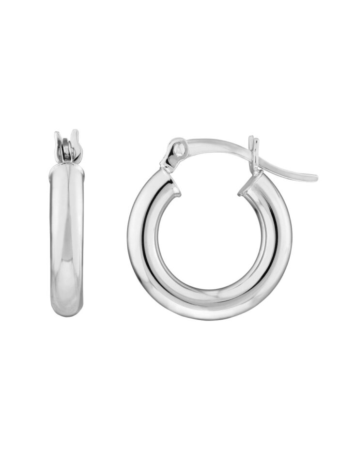 Polished 10K White Gold Hoop Earrings - 3mm x 15mm - Hinge Closure - by Dazyle