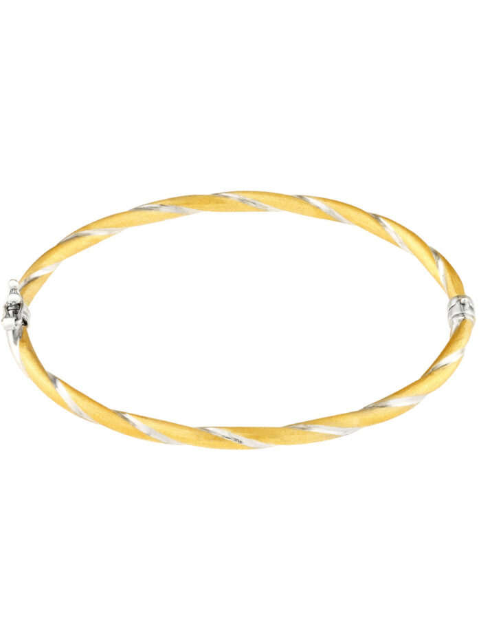 Two-Tone Twisted Brushed Hinged Bangle - 14K Yellow & White Gold 7 Inch - by Dazyle