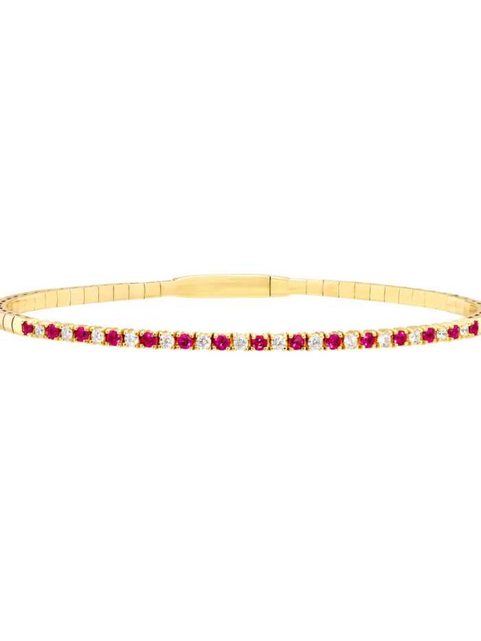 Ruby & Diamond Flexi Tennis Bangle Box Closure 14K Yellow Gold - 7 Inches - by Dazyle