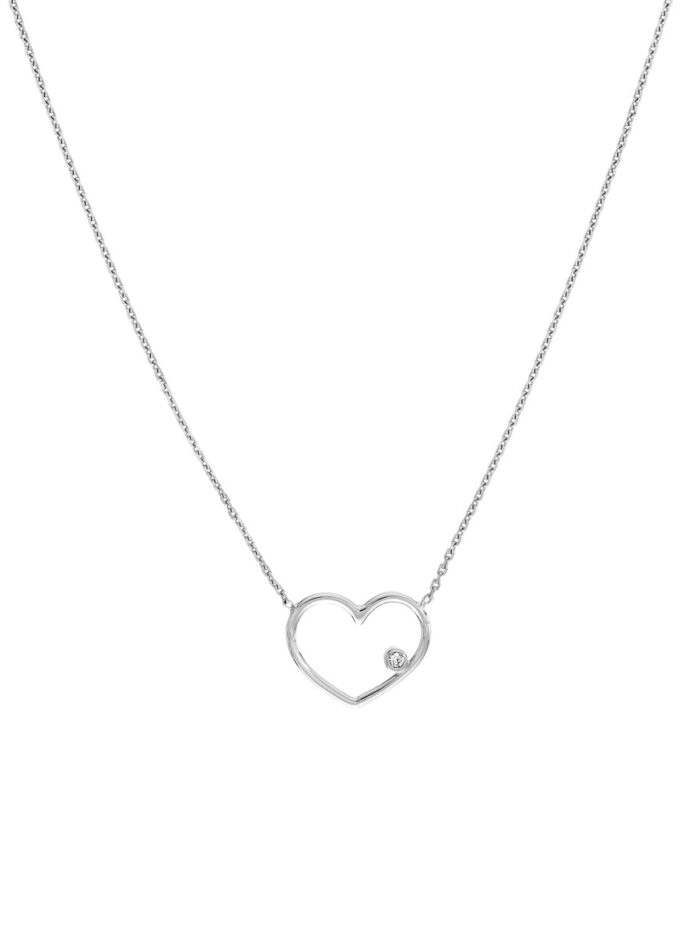 Open Wire Heart Adj. Necklace with Diamond - 14K White Gold - 16-18 Inches - by Dazyle