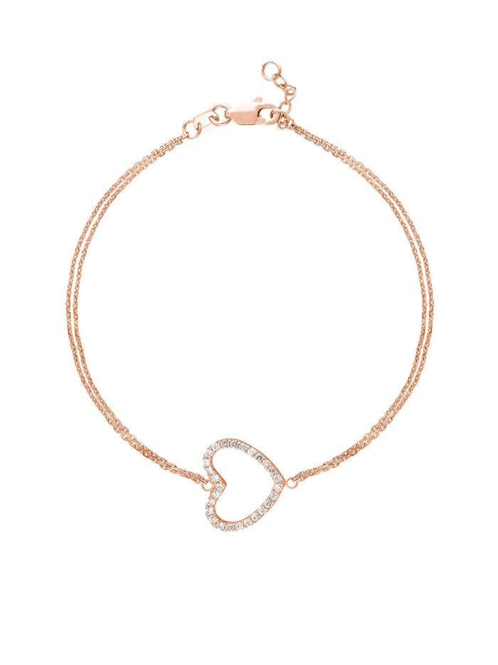 Rose Gold Plated Sterling Silver Sideways Heart Bracelet with CZ Accent - Adjustable Cable Chain - 7.5 Inch - by Dazyle