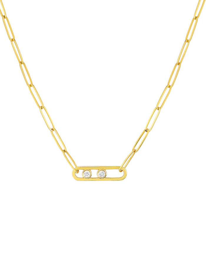 Twin Diamond Paperclip Necklace - 14K Yellow Gold - 18 inch - by Dazyle