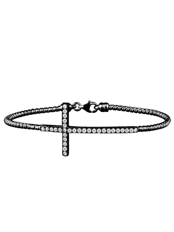 Sterling Silver Sideways Cross Bracelet with CZ Stones - Cable Chain - 7 Inches - by Dazyle
