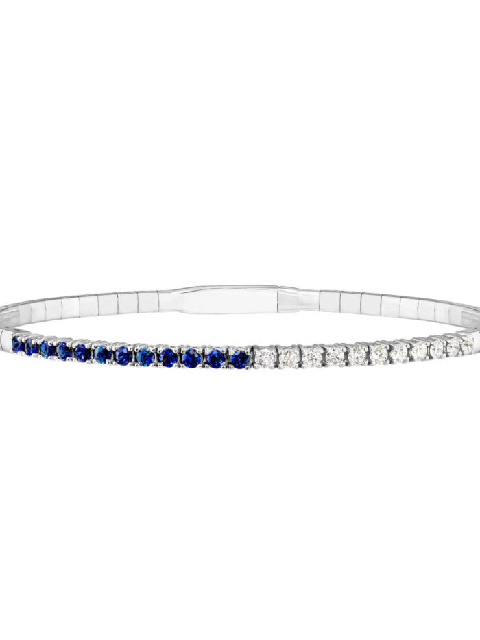 14K White Gold Flexible Tennis Bangle with Diamonds and Sapphires - 7-inch - by Dazyle