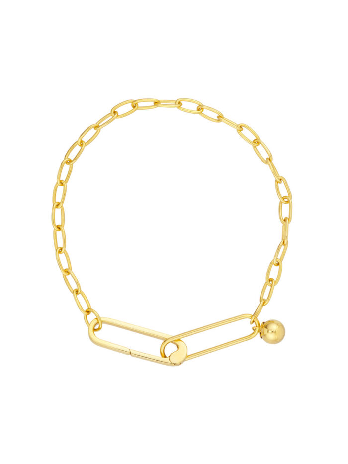 Push Lock Paper Clip Bracelet with Bead Charm - 14K Yellow Gold 7.5 Inches - by Dazyle