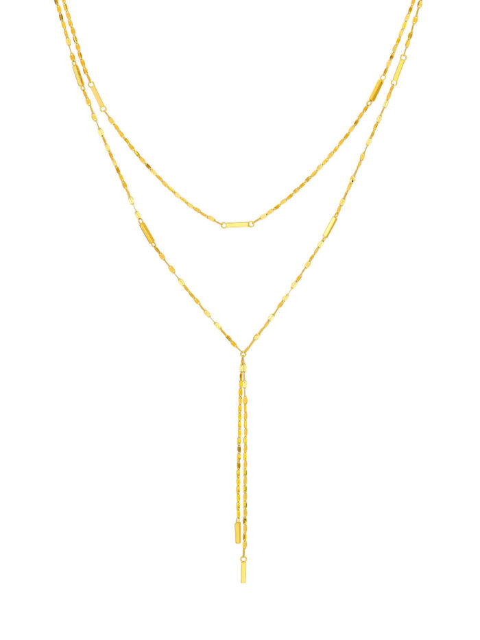 Double Stranded Hammered Bar Dangle Necklace - 14K Yellow Gold 17-inch Cable Chain - by Dazyle