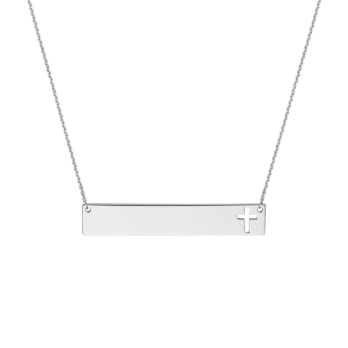Engraved Sterling Silver Bar Necklace with Cross - 18 Inch Adjustable - by Dazyle