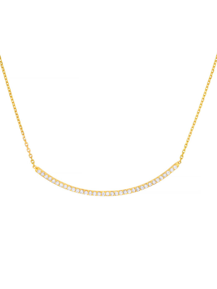 Yellow Gold Plated Sterling Silver Curved Bar CZ Necklace - Adjustable - by Dazyle