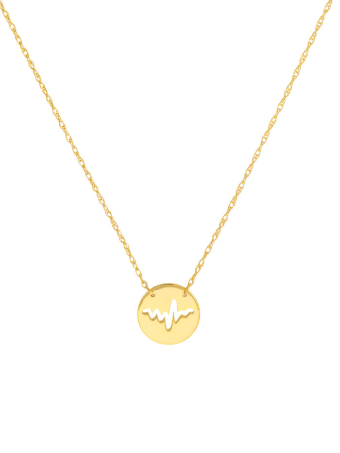 Cutout Heartbeat Mini Disc Necklace in 14K Yellow Gold - Adjustable 18-Inch Cable Chain - by Dazyle
