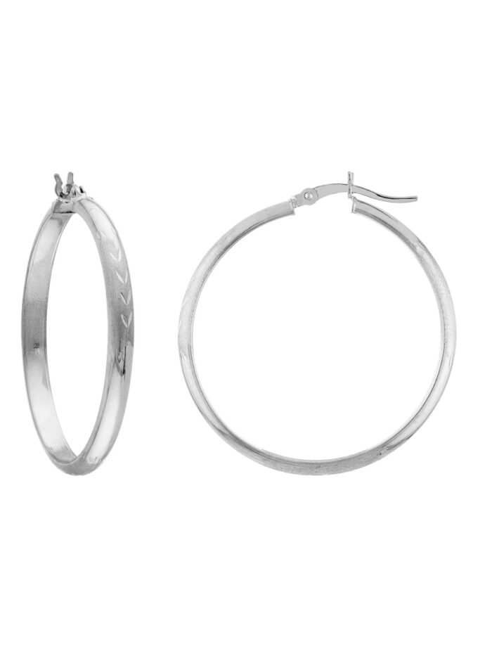 3x35mm Diamond-Cut Florentine Hoop Earrings - 14K White Gold - by Dazyle