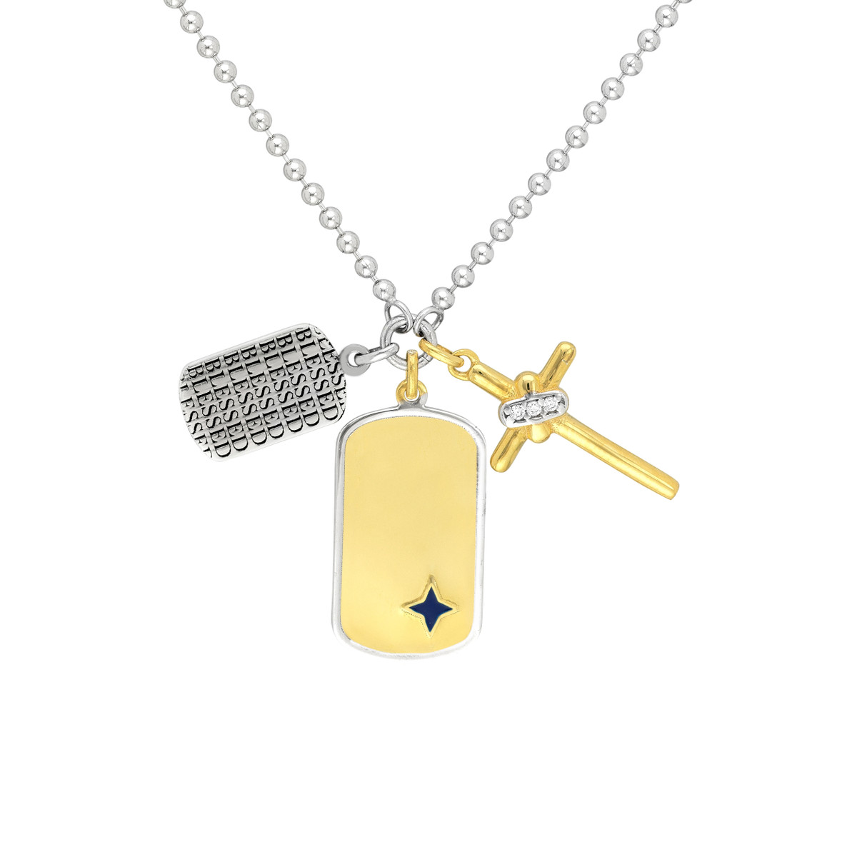 Sterling Silver Blessed Dog Tag Mixed Charm Necklace - Yellow Gold Plating - by Dazyle - Image 2