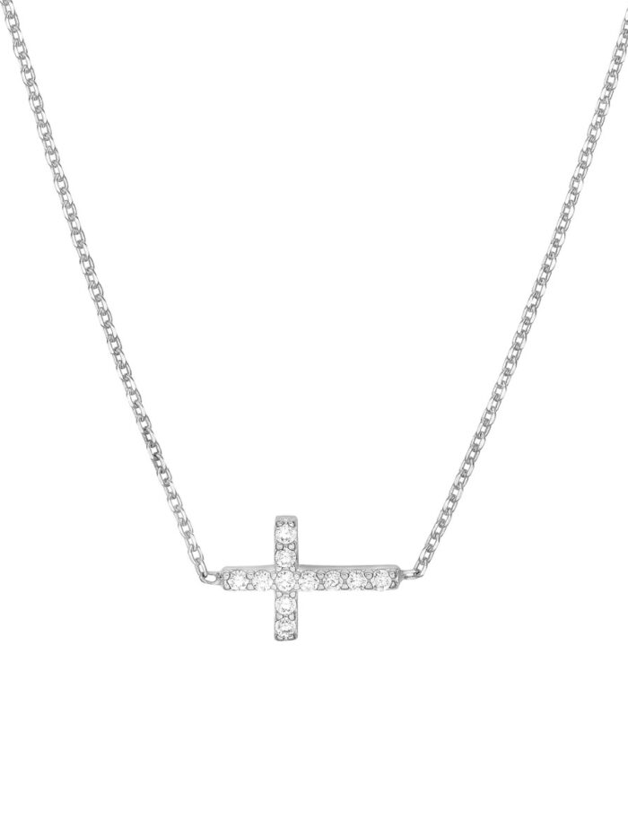 Adjustable 14K White Gold Sideways CZ Cross Necklace - 18 inch - by Dazyle