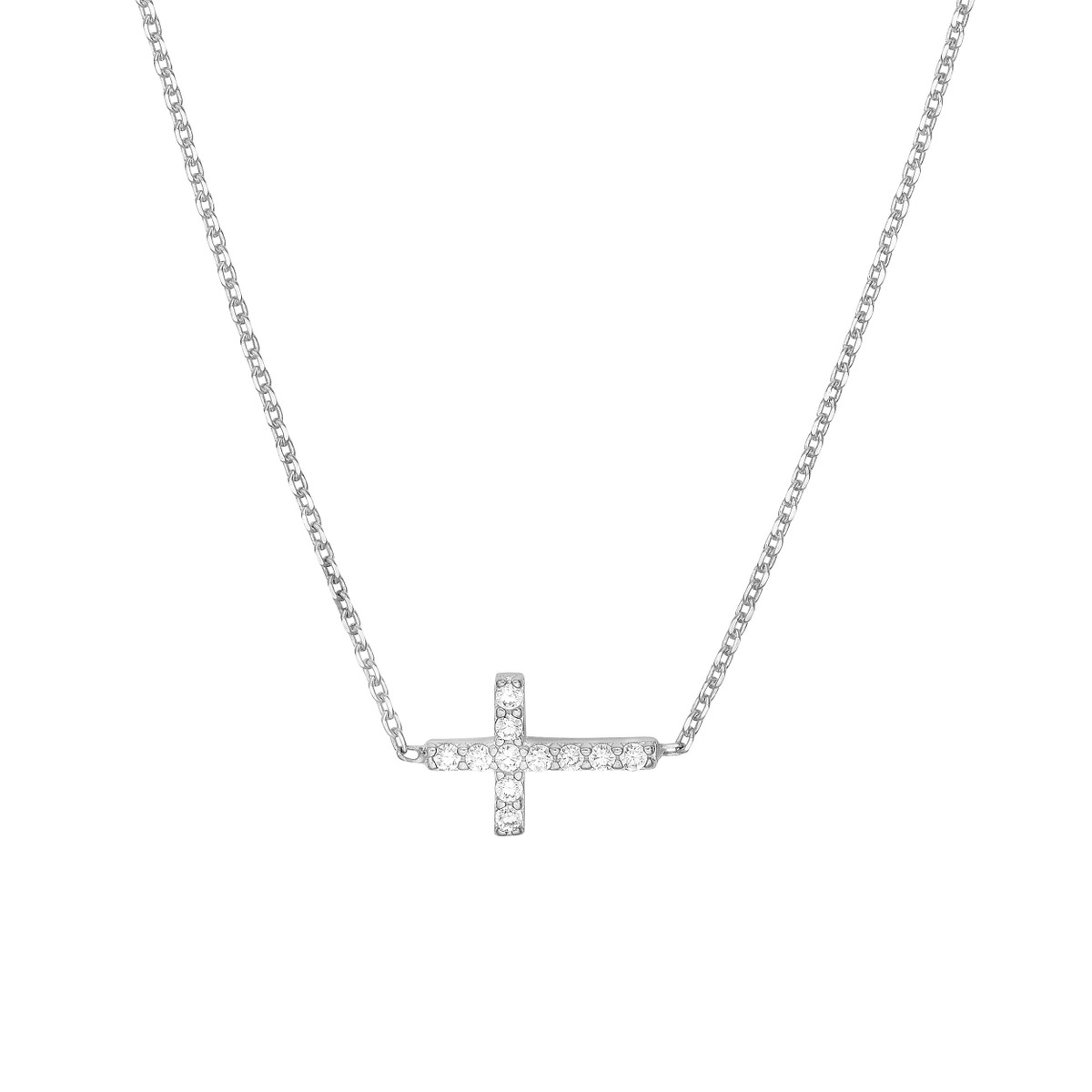Adjustable 14K White Gold Sideways CZ Cross Necklace - 18 inch - by Dazyle