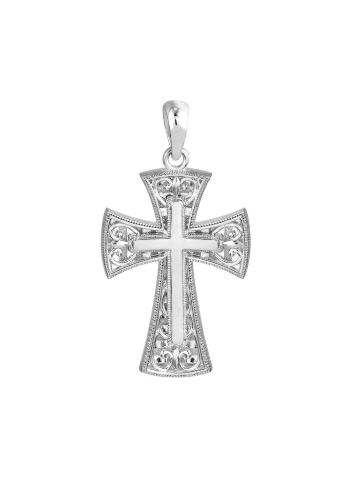 Fancy Filigree Frame Cross Pendant - Sterling Silver With 14K Gold - by Dazyle