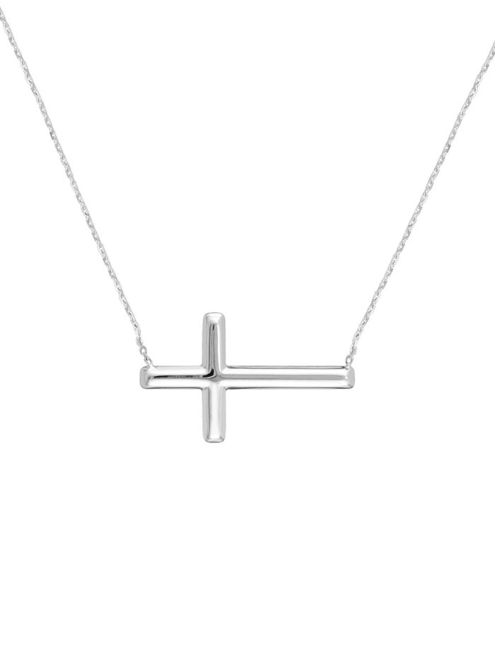 Large Sideways Cross Adjustable Necklace in 14K White Gold - 18 Inches - by Dazyle