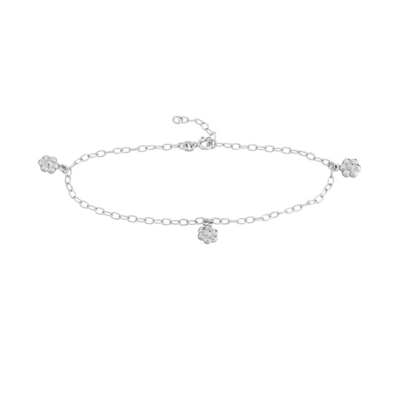 Sterling Silver Flower Dangle Trio Adjustable Anklet - Rolo Chain - 9 to 10 Inch - by Dazyle