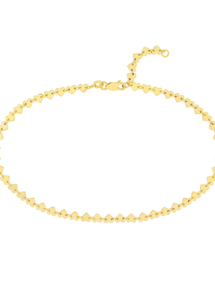 Heart Station Anklet Adjustable from 9 to 10 inches Cable Chain - 14K Yellow Gold - by Dazyle