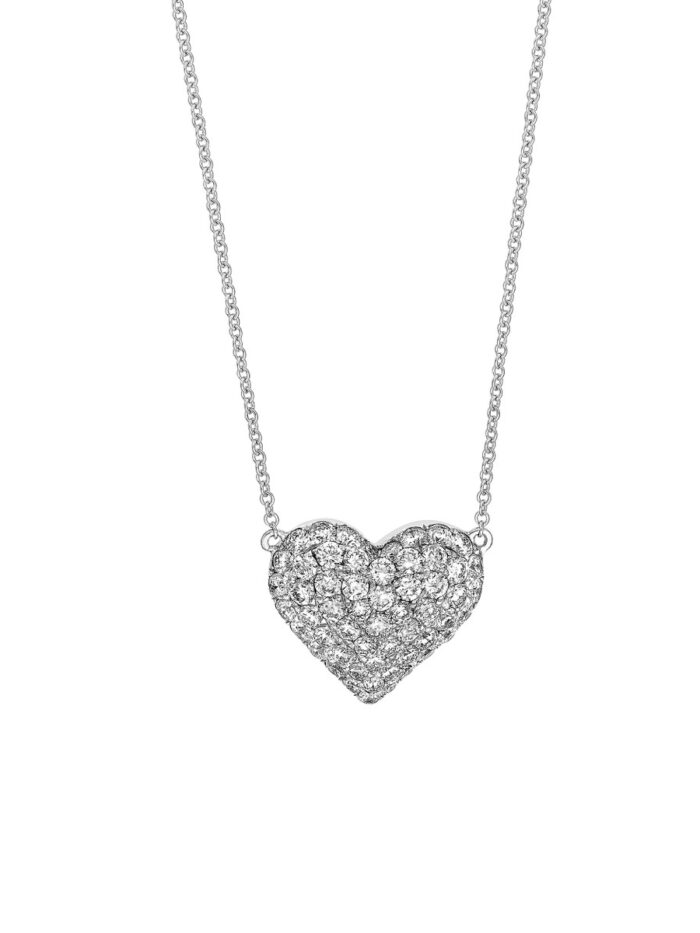 Diamond Pave Heart Necklace (1-1/3tcw) in White Gold - 18 Inch - by Dazyle