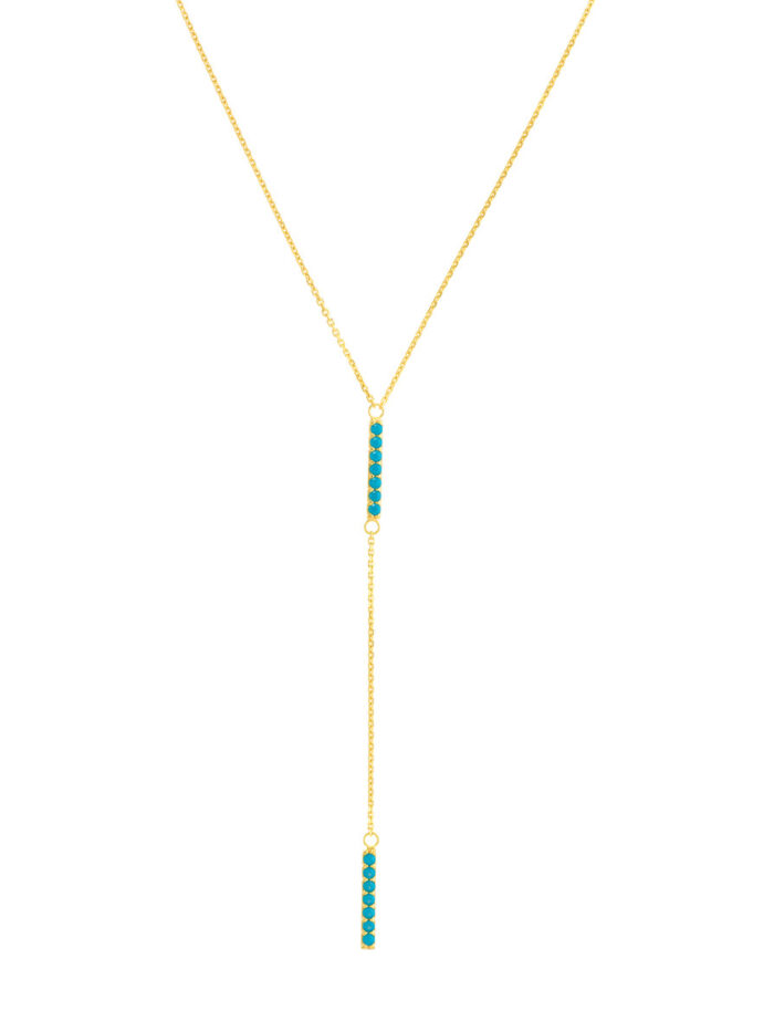 Simulated Turquoise Staple Lariat Necklace - 14K Yellow Gold - Adjustable - by Dazyle