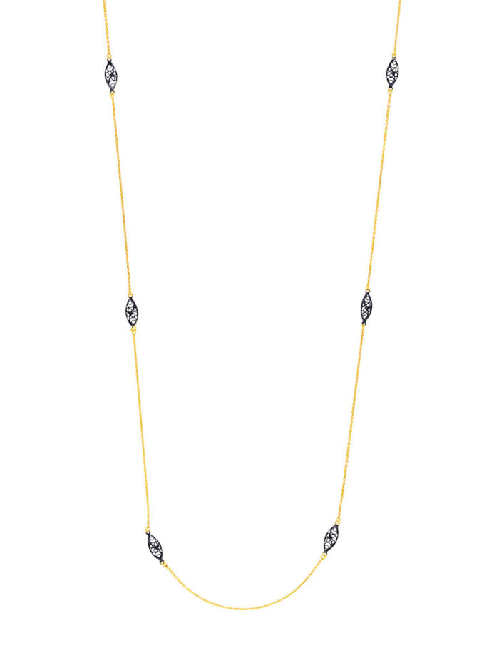 Sterling Silver Oval Filigree Stations Long Necklace - Yellow Gold Plated Sterling Silver 36 Inch - by Dazyle