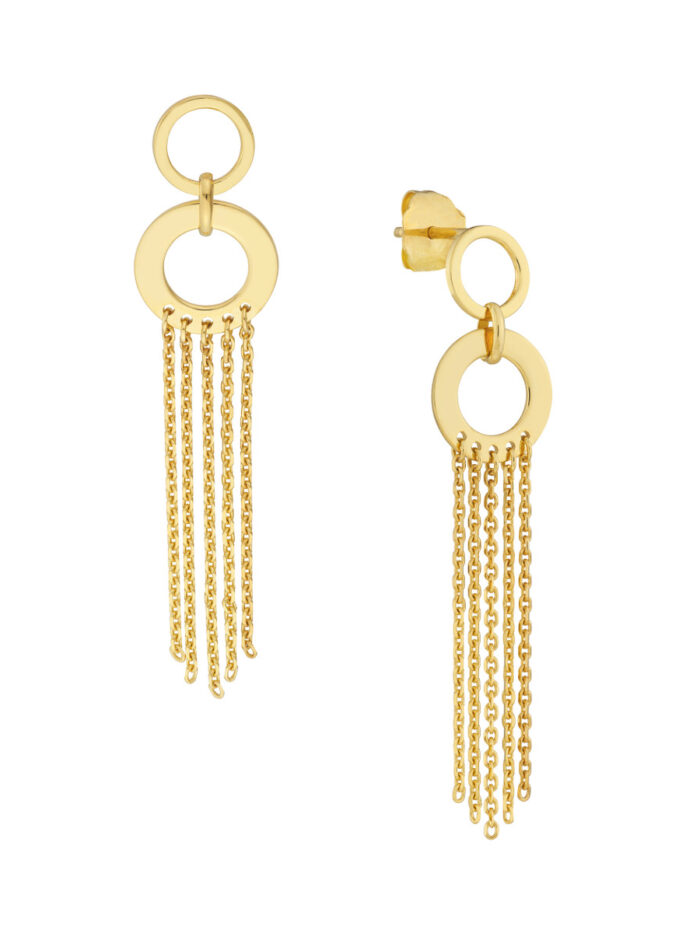 Door Knocker Earrings with Fringe Chain - 14K Yellow Gold - by Dazyle