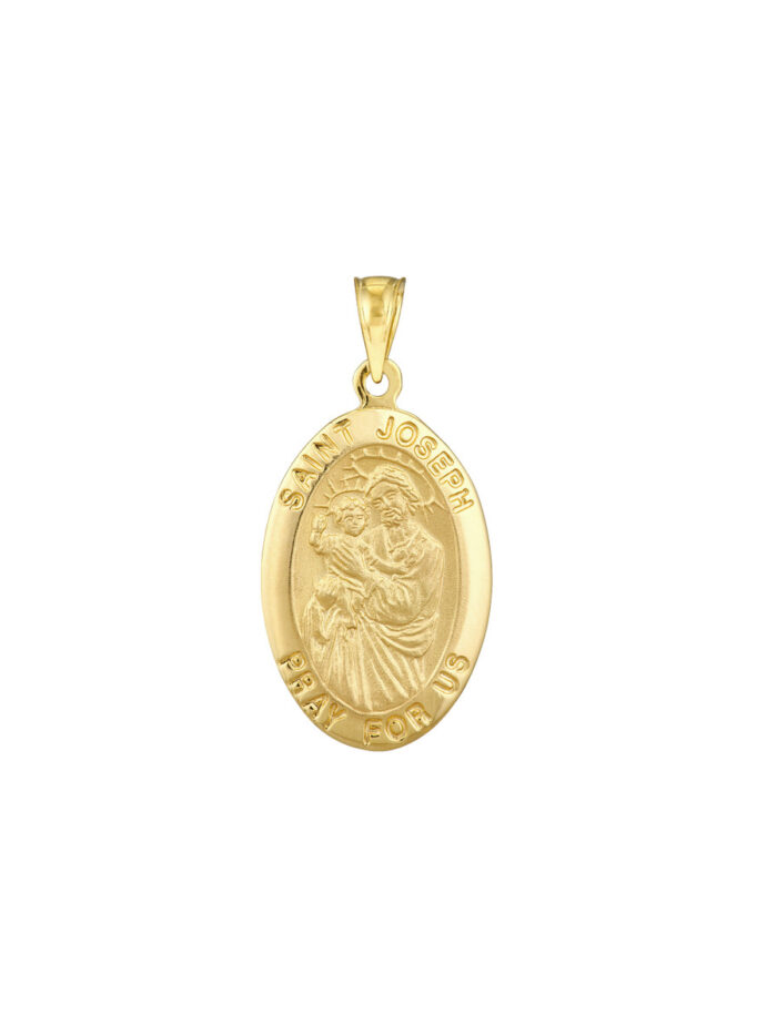 Large Oval St. Joseph Medal Charm Pendant - 14K Yellow Gold - by Dazyle
