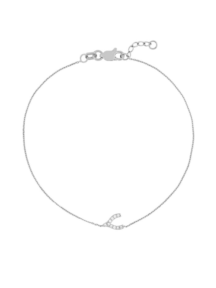 Sideways Mini CZ Wishbone Adjustable Bracelet - Sterling Silver Cable Chain - by Dazyle