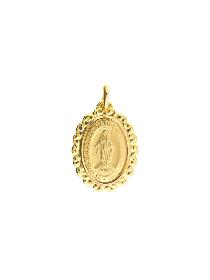Framed Oval Blessed Mary Medal Pendant - 14K Yellow Gold - by Dazyle
