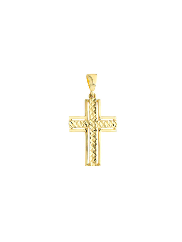 Diamond Cut 3D Cross Pendant 14K Yellow Gold Bail Closure - by Dazyle