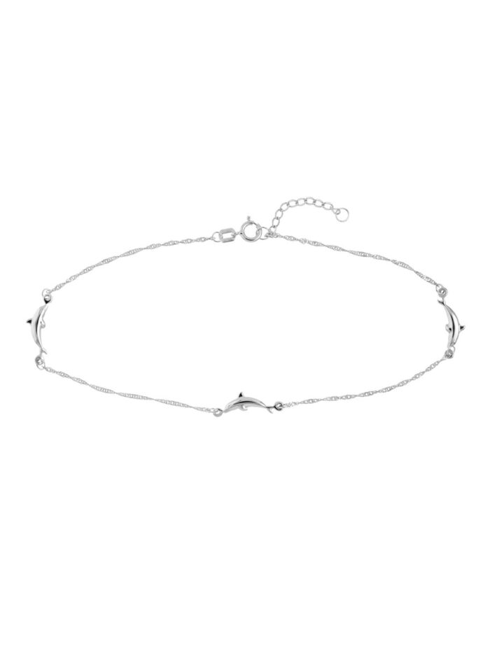 14K White Gold Adjustable Anklet Dolphin Trio Singapore Twist Chain - 9 to 10" - by Dazyle