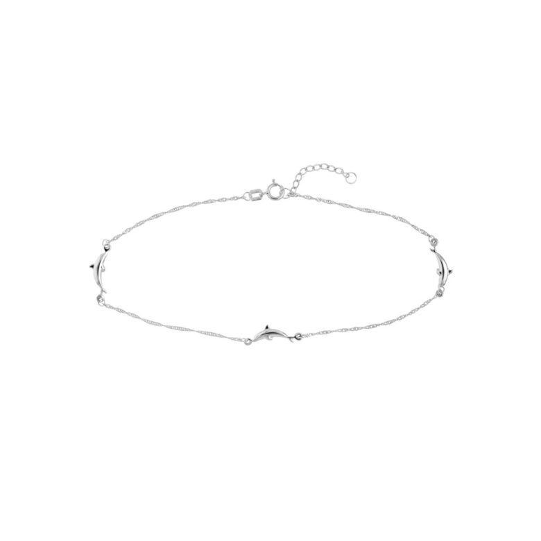 14K White Gold Adjustable Anklet Dolphin Trio Singapore Twist Chain - 9 to 10" - by Dazyle