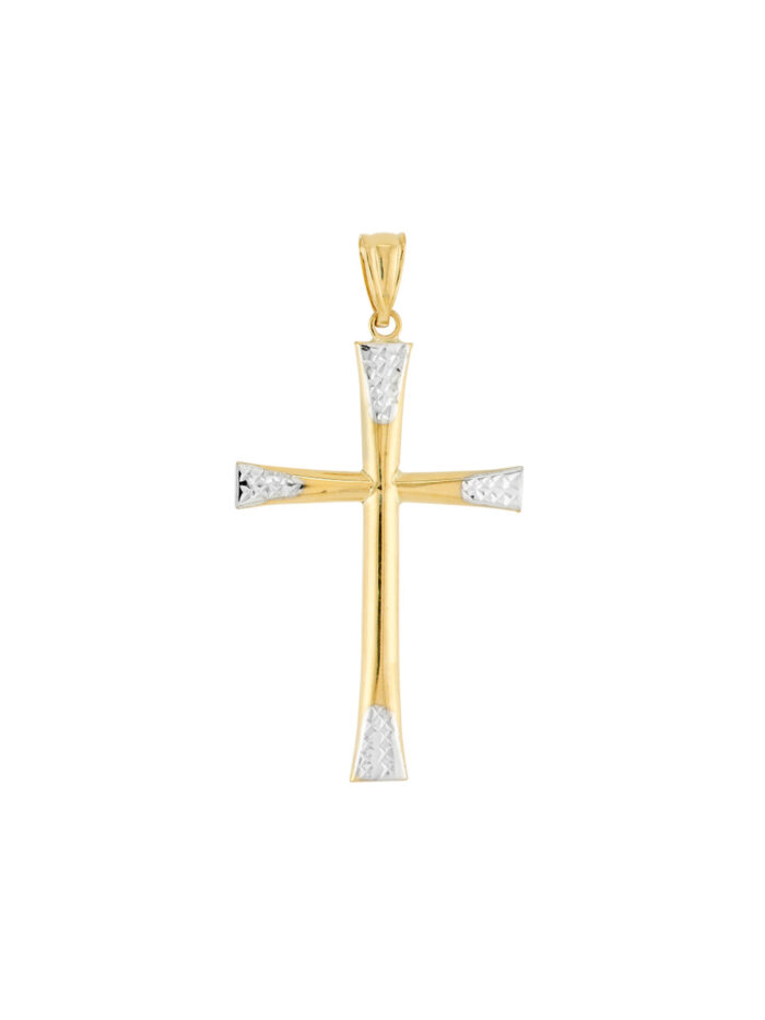 Two-Tone Diamond-Cut Cross Pendant - 14K Yellow & White Gold - by Dazyle