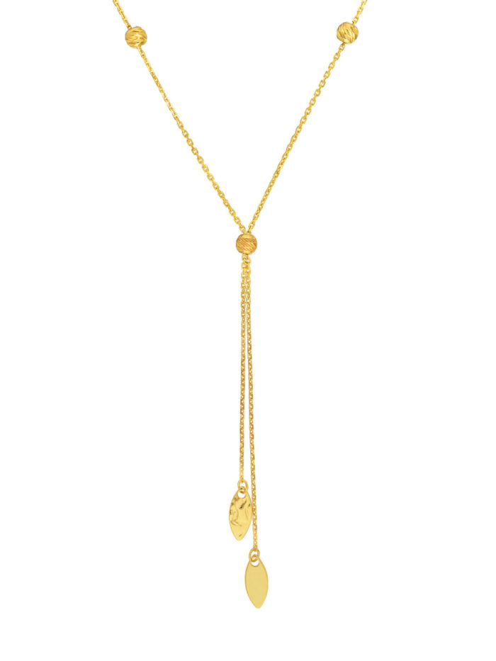 Split Chain Bead/Marquise Lariat Necklace - 14K Yellow Gold, Adjustable - by Dazyle
